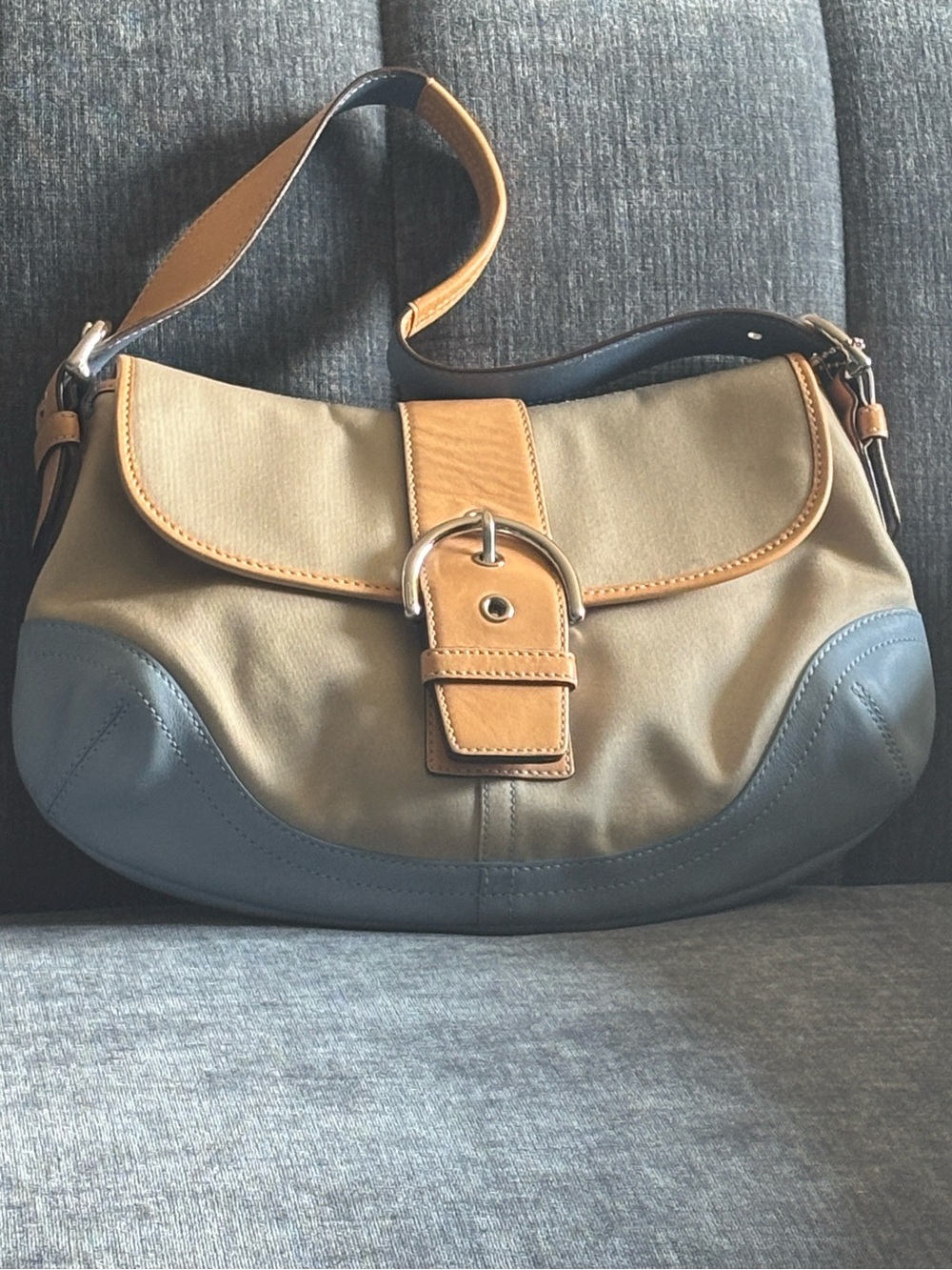 Coach Hobo Bag with Tan Canvas Light Blue and Tan Leather